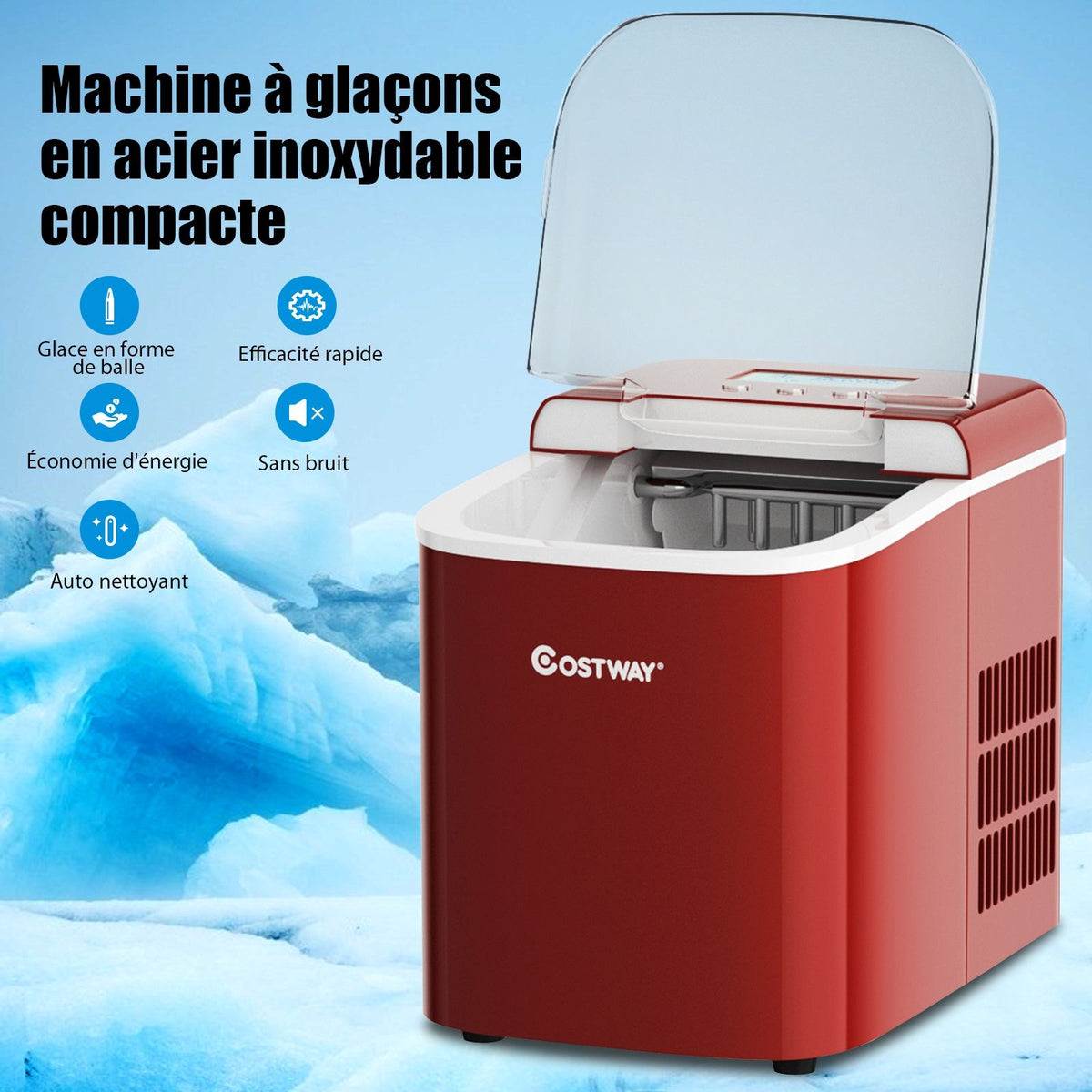 Machine Glaons 12KG/24H 2 Tailles de Glaons 2,1L Rservoir 9pcs en 7 Minutes Pelle Panier Amovible Comptoir Maison Rouge -