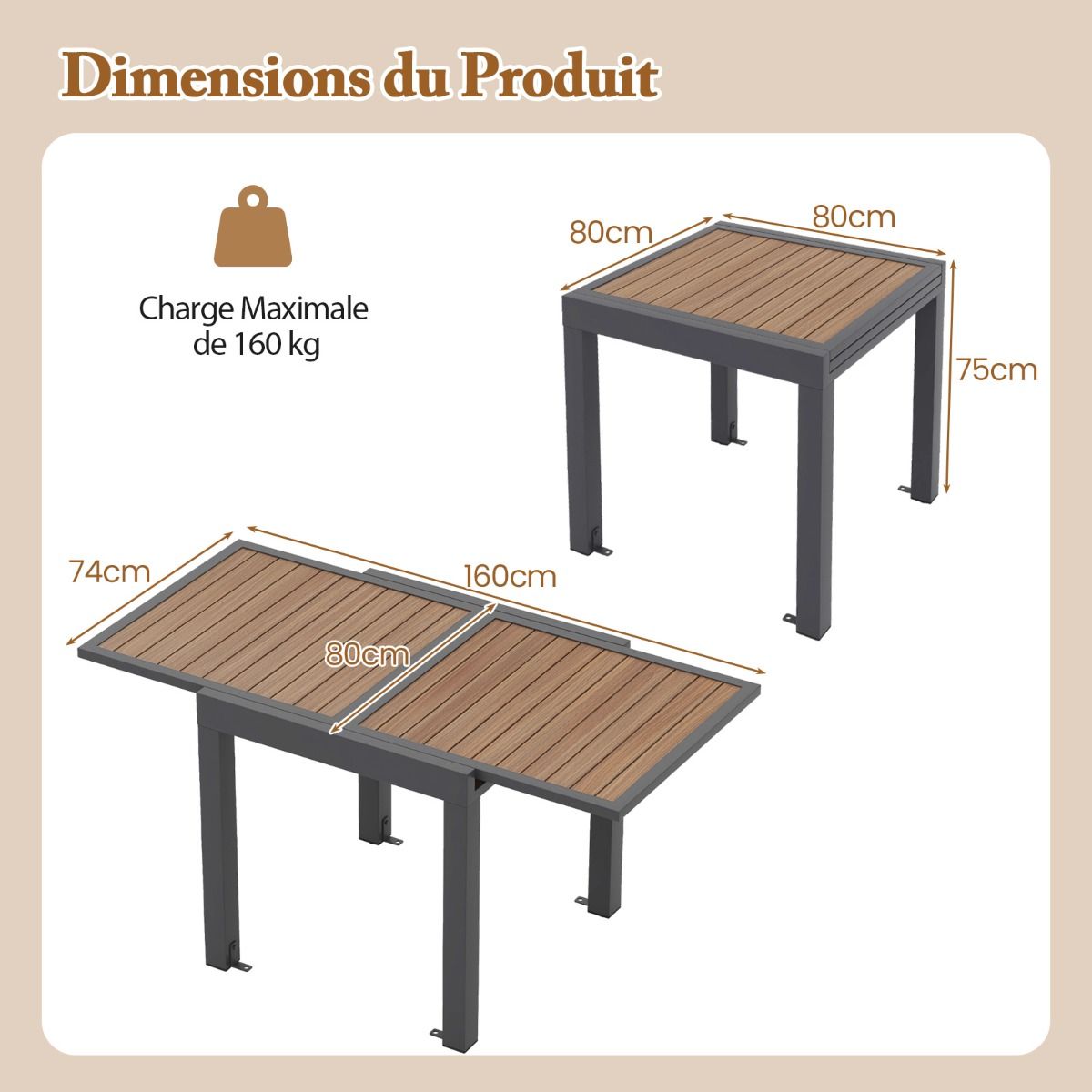 Table de Jardin Extensible en Aluminium Ajustable de 80 à 160 CM Table à Manger Extérieure Rectangulaire pour 4-6 Personnes Naturel -