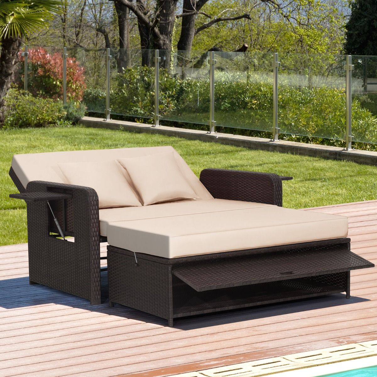 Salon de Jardin Extérieur Ajustable à Lit,2 Place avec Stockage Caché,Dossier Réglable à 4 Niveaux en Rotin PE -