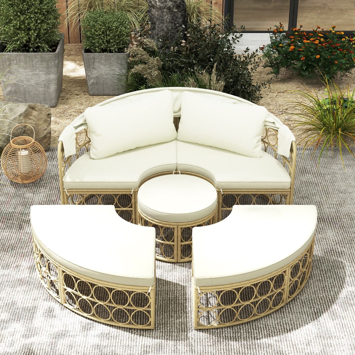 Lit de Repos Rond pour Patio avec Auvent Rétractable Ensemble de Siège Sectionnels Séparés en Rotin PE avec Coussins Doux Blanc -