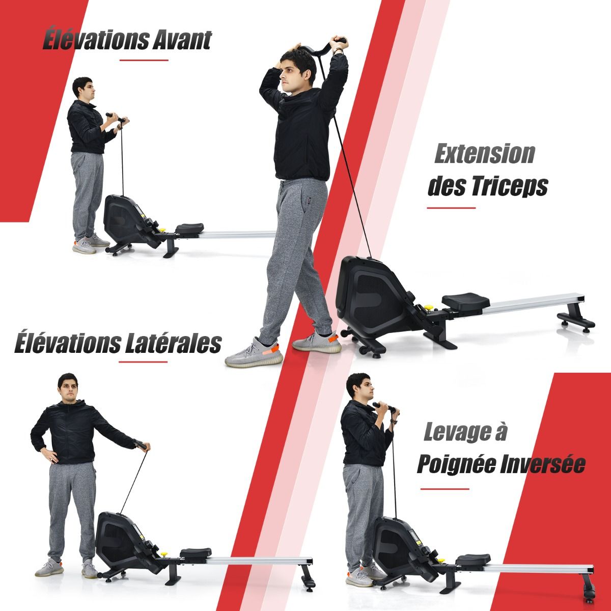 Rameur Magnétique Résistanceà 8 Niveaux Pliable 2 Roues Flexibles Rail Coulissant en Aluminium Ecran LCD Support d'Appareil -