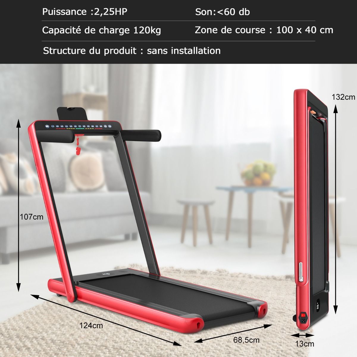 Tapis de Course Pliable 0,75HP Double Affichage LED APP et Tlcommande Vitesse Motoris 12 km/h Surface 40x100cm Rouge -