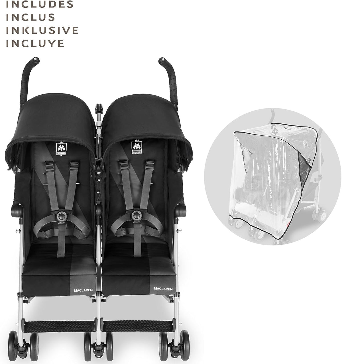 Poussette double Maclaren Twin Triumph (6 mois,jusqu' 15 kg,un enfant par sige),lgre et compacte,capote extensible UPF 50+ avec habillage pluie - Noir/Anthracite