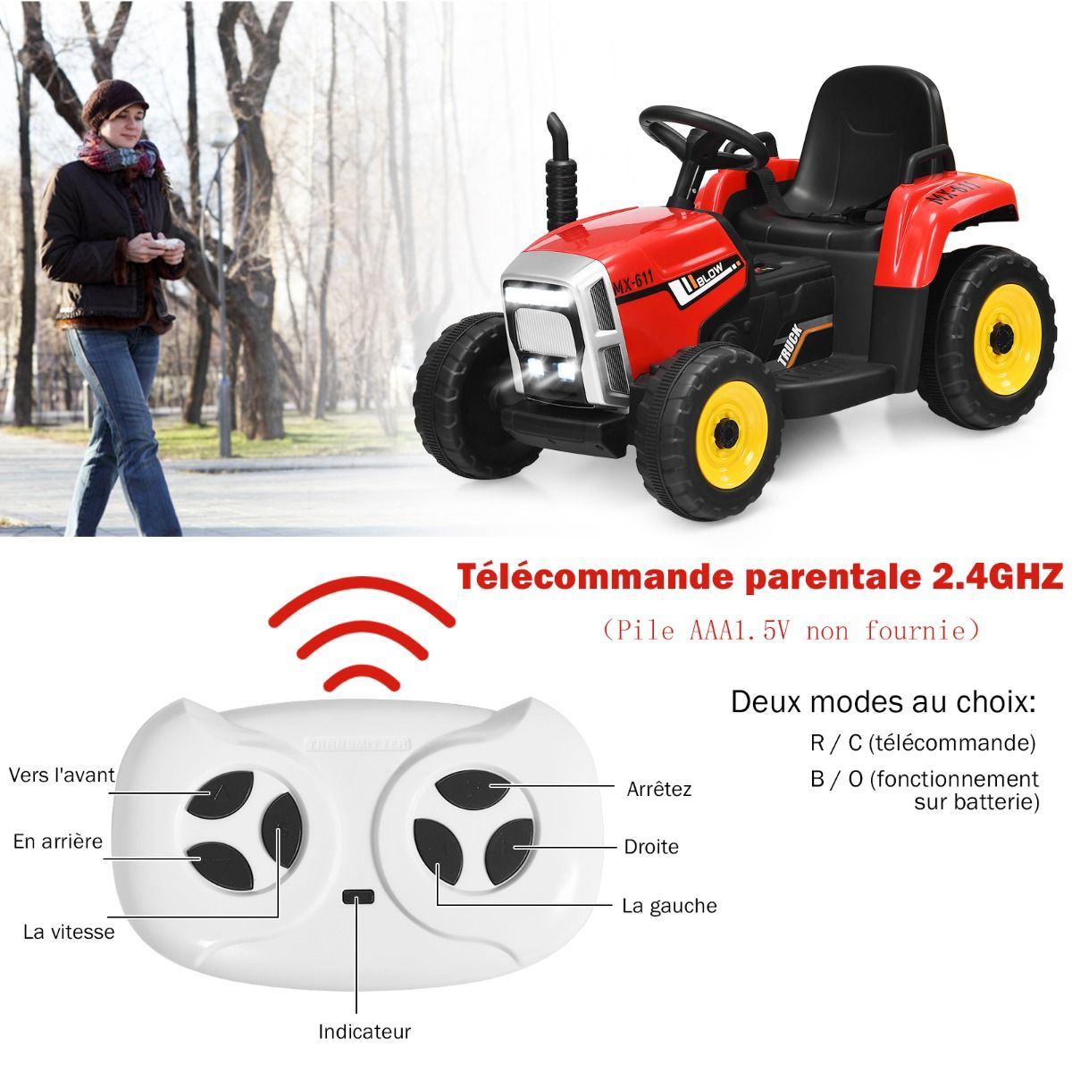 Tracteur Electrique avec Remorque pour Enfants 3 Vitesses Lumires LED Fonctions o USB et Bluetooth Jaune/Rose/Rouge/Vert/Vert Fonc/Noir -