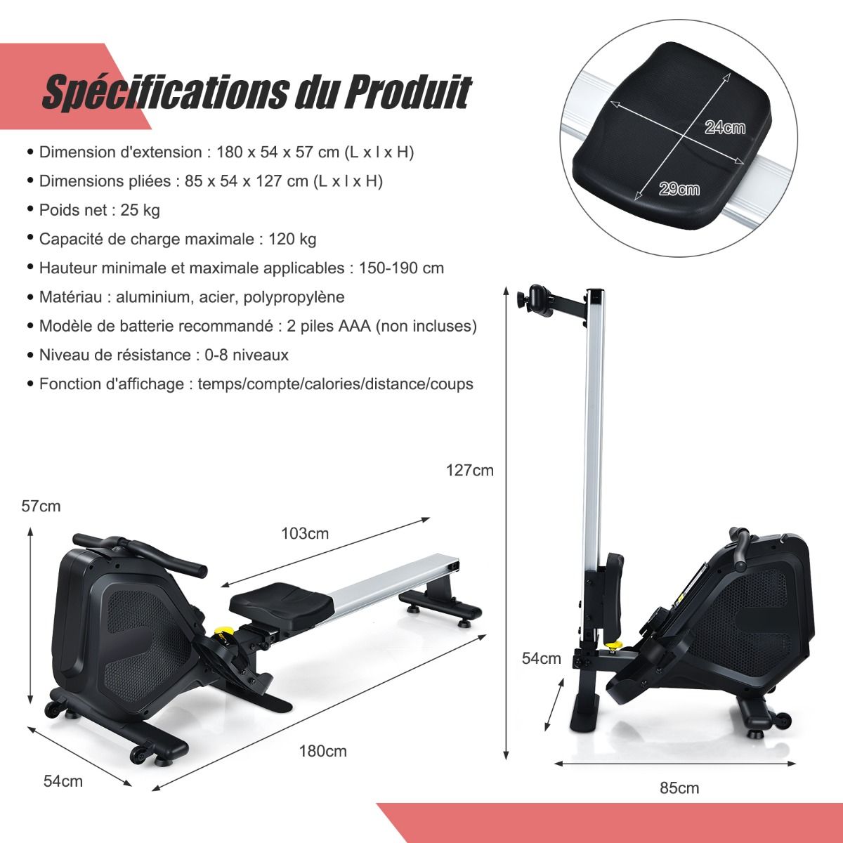 Rameur Magnétique Résistanceà 8 Niveaux Pliable 2 Roues Flexibles Rail Coulissant en Aluminium Ecran LCD Support d'Appareil -