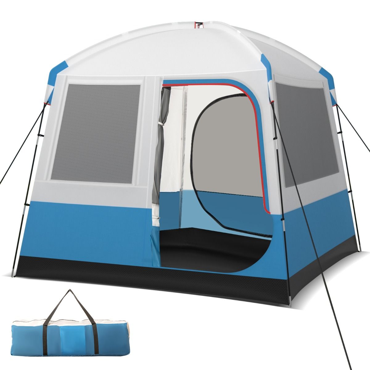 Tente de Camping pour 5 Personnes Tente Dôme Étanche avec Porte et Fenêtres en Maille Sac de Transport 248x248x230cm Bleu + Blanc -