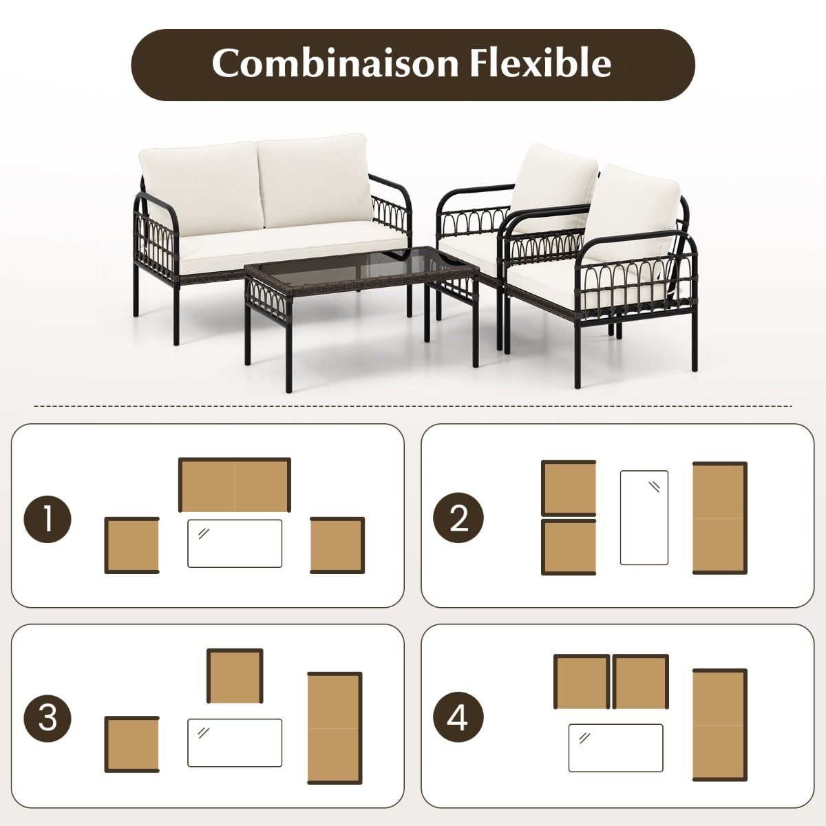 Meubles de Patio 4 Pièces en Rotin Charge 180-360KG avec Chaises Causeuse Coussins et Table Basse en Verre Trempé pour Balcon Blanc -