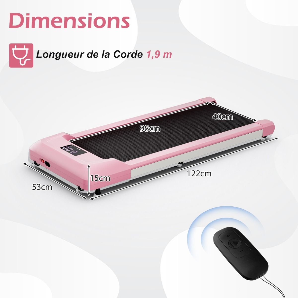 Tapis de Course Mince Tapis de Jogging avec Capacit de 120 Kg Tlcommande et cran Led Inclinable Roulettes Tapis de Course Glisser Gris/Noir/Rose -