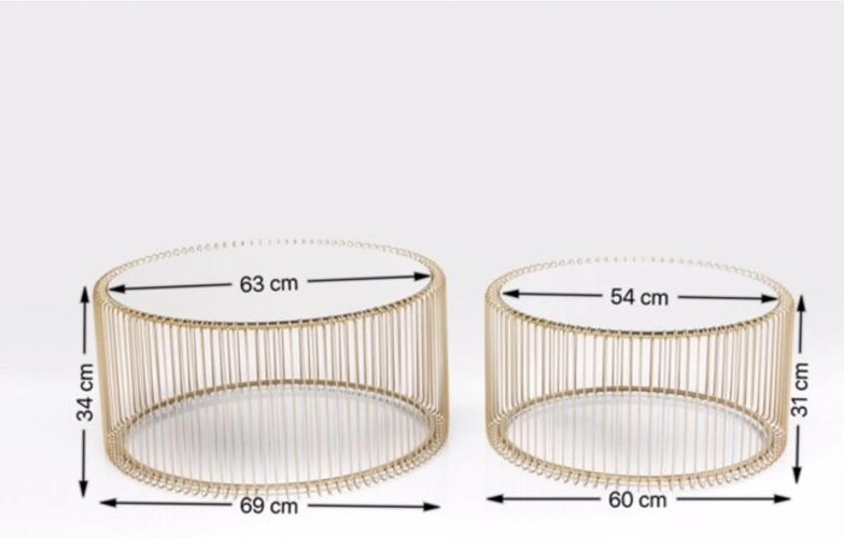 Kare Design Tables Basses Wire, Lot de 2, Laiton/Miroir, Rond, Acier, Plateau de Table en Verre, Diamètre 70/60cm, Style Moderne, Élégante, Table Basse Salon, Deco Intérieur, Décoration Chambre