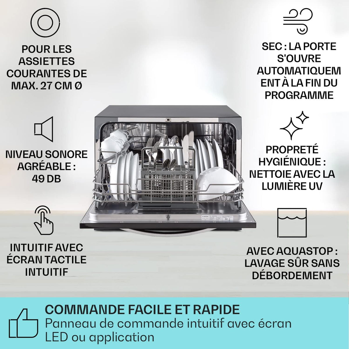 Mini Lave Vaisselle de Table de 8 Couvert,Silencieux,6 Programmes de Lavage,Portable,Facile à Installer pour la Maison et Bureau -