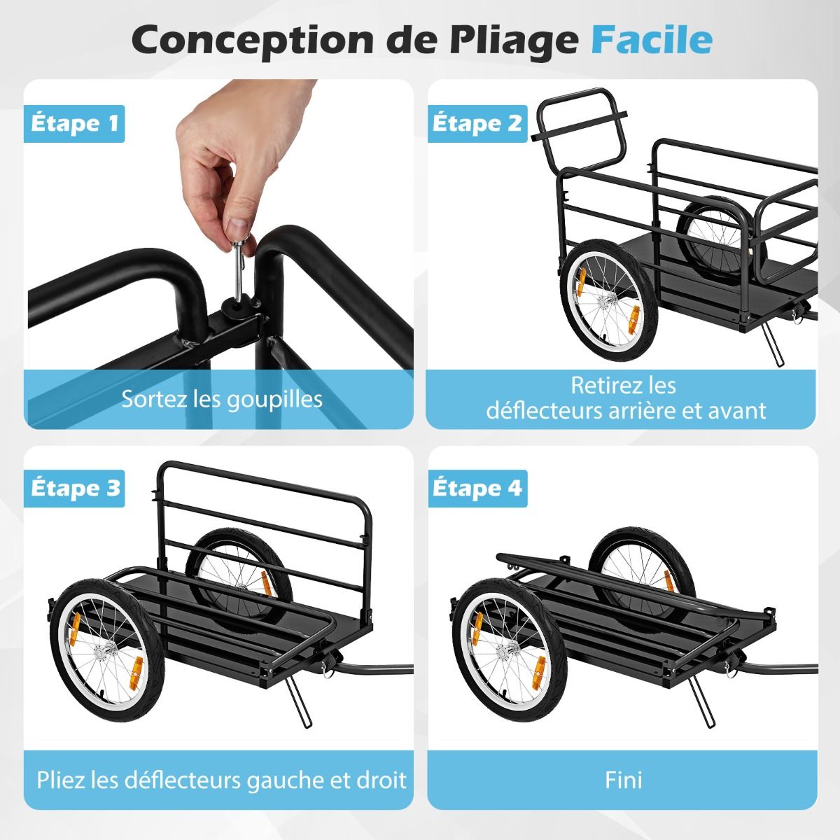 Remorque de Vlo avec Cadre Pliable Charge 55 kg Chariot pour Vlo avec Housse en Tissu Oxford Roues Air de 40聽cm Rflecteurs Bleu -