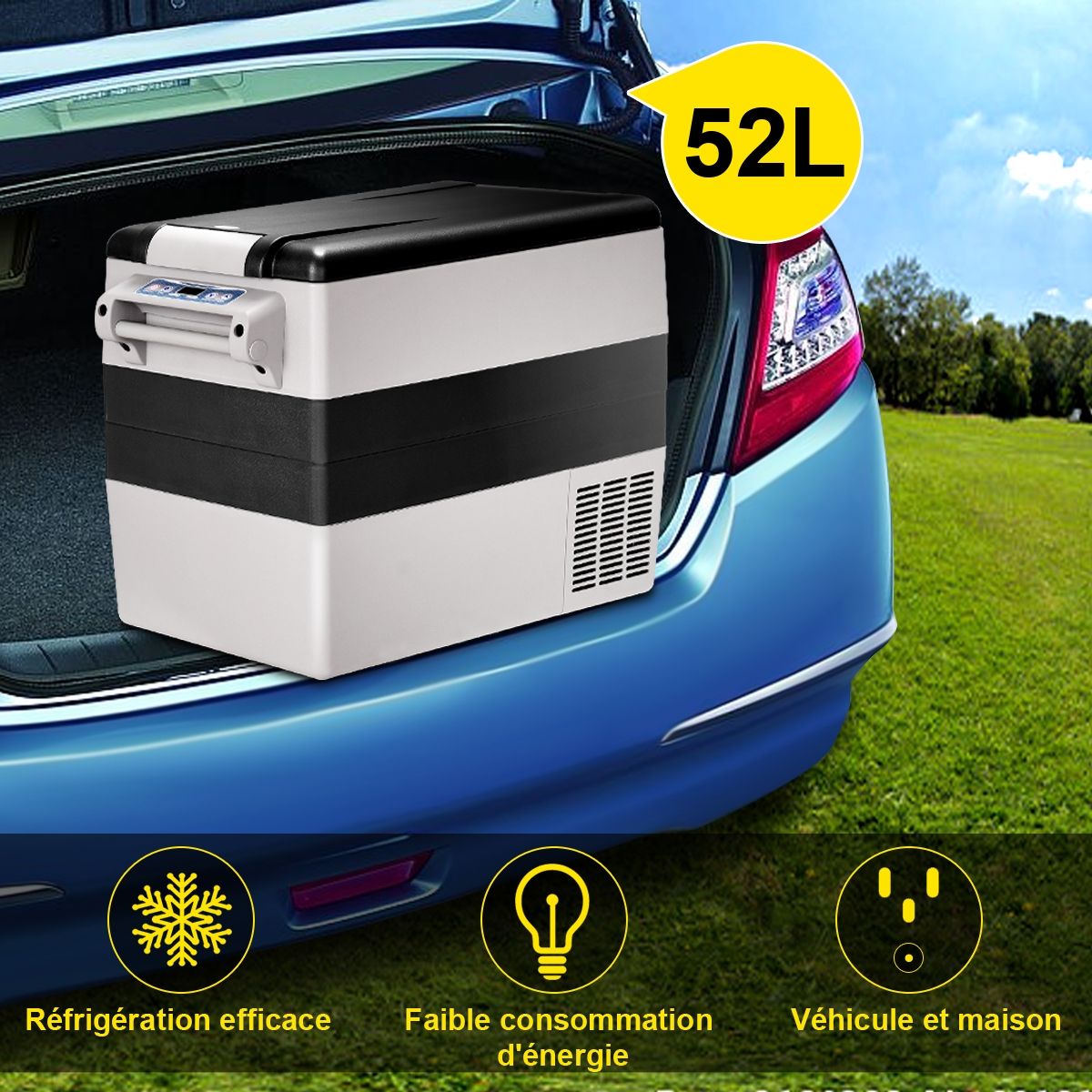 Réfrigérateur 52l de Voiture -20+10Mini Réfrigérateur Portable Ecran Lcd Adaptateur 69x34,5x52,5cm Noir+Gris -