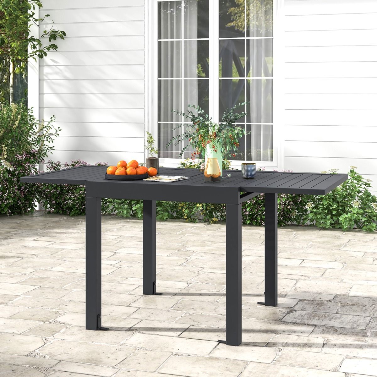 Table de Jardin Extensible en Aluminium Ajustable de 80 160 CM Table Manger Extrieure Plateau Lattes pour 4-6 Personnes Gris Fonc -