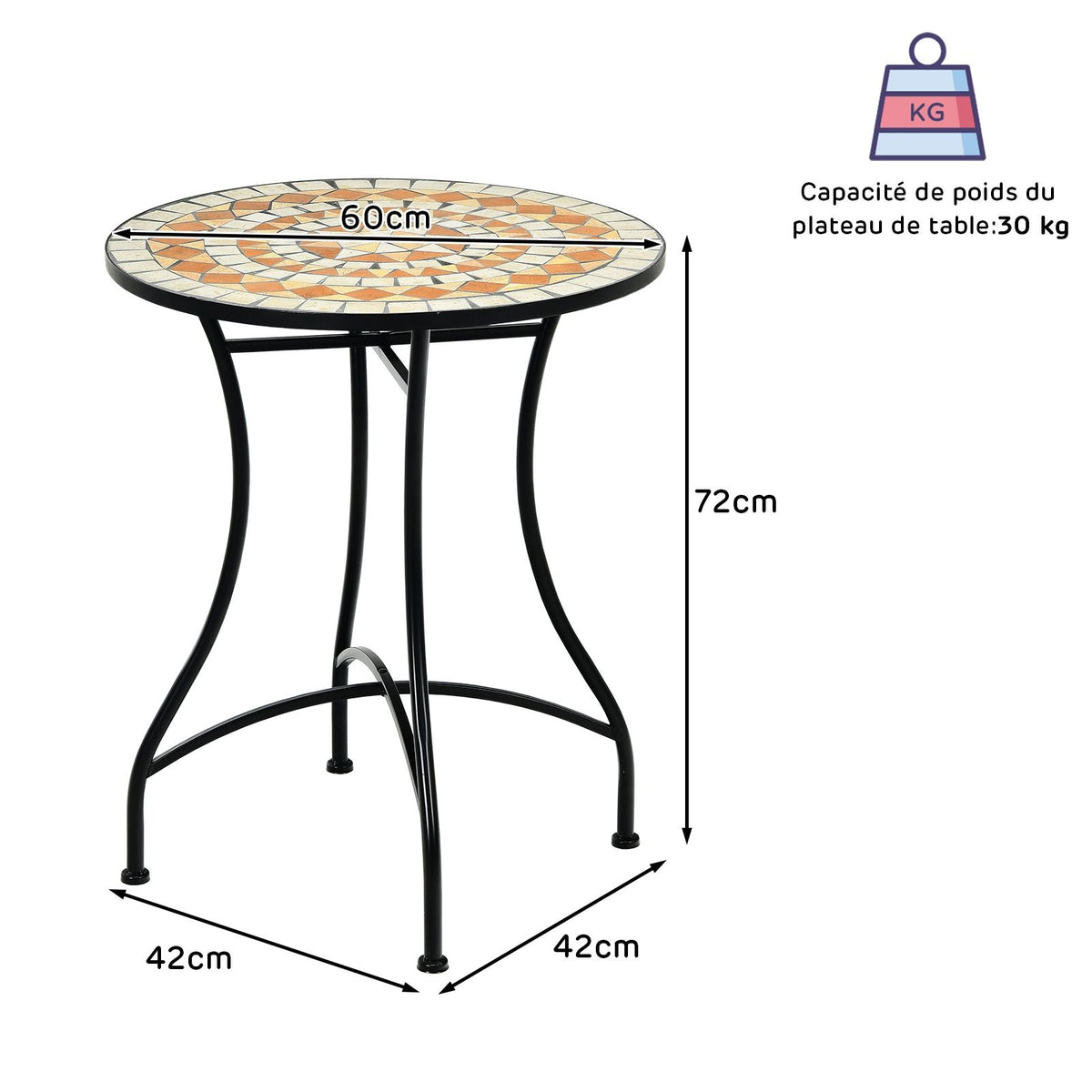 Table de Jardin Style Mosa茂que Cadre en Fer et Rev锚tement Antirouille pour 60 x 60 x 72 CM -