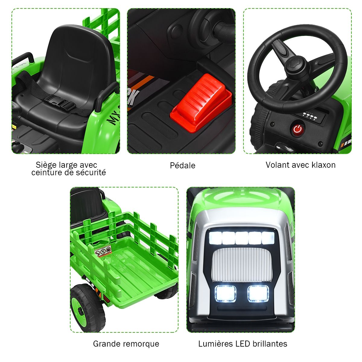 Tracteur Electrique avec Remorque pour Enfants 3 Vitesses Lumières LED Fonctions o USB et Bluetooth Jaune/Rose/Rouge/Vert/Vert Foncé/Noir -
