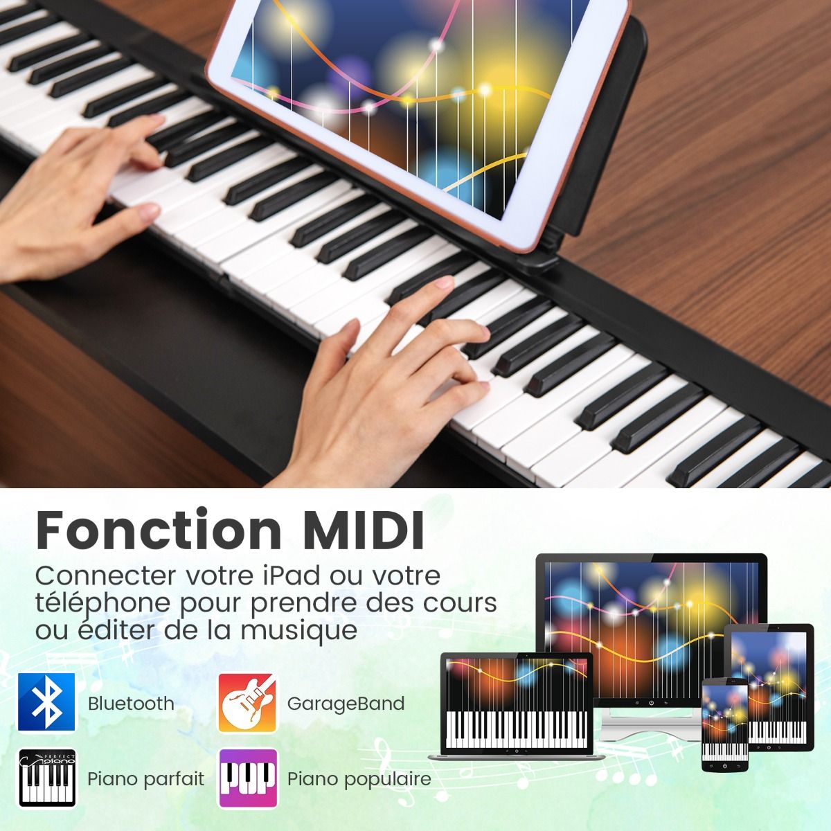 Piano Numrique Pliable 88 Touches avec Fonction Bluetooth MIDI Clavier lectronique Portable avec Pdale de Sustain Sac de Transport -