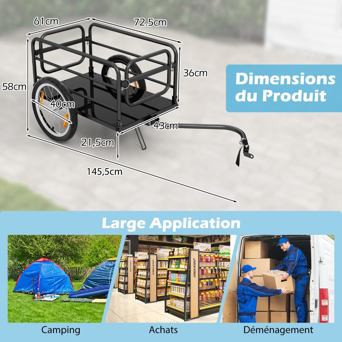 Remorque de Vlo avec Cadre Pliable Charge 55 kg Chariot pour Vlo avec Housse en Tissu Oxford Roues Air de 40聽cm Rflecteurs Bleu -