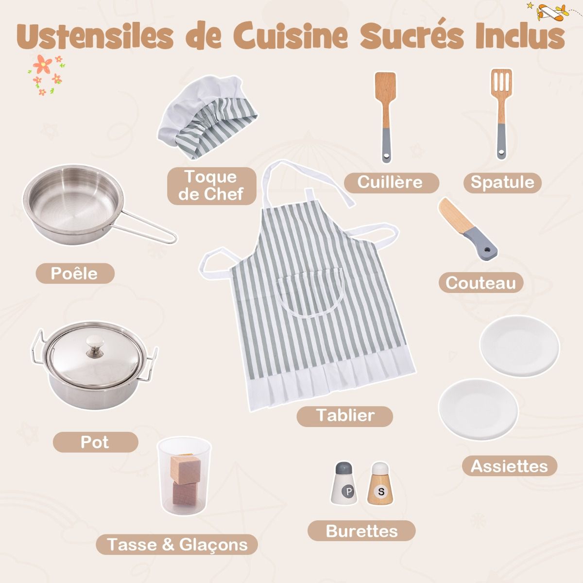 Jeu de Cuisine d'Angle pour Enfants de 3 Ans et Plus en Bois Machine Glaons Porte-serviettes Accessoires Effets Sonores et Lumineux -