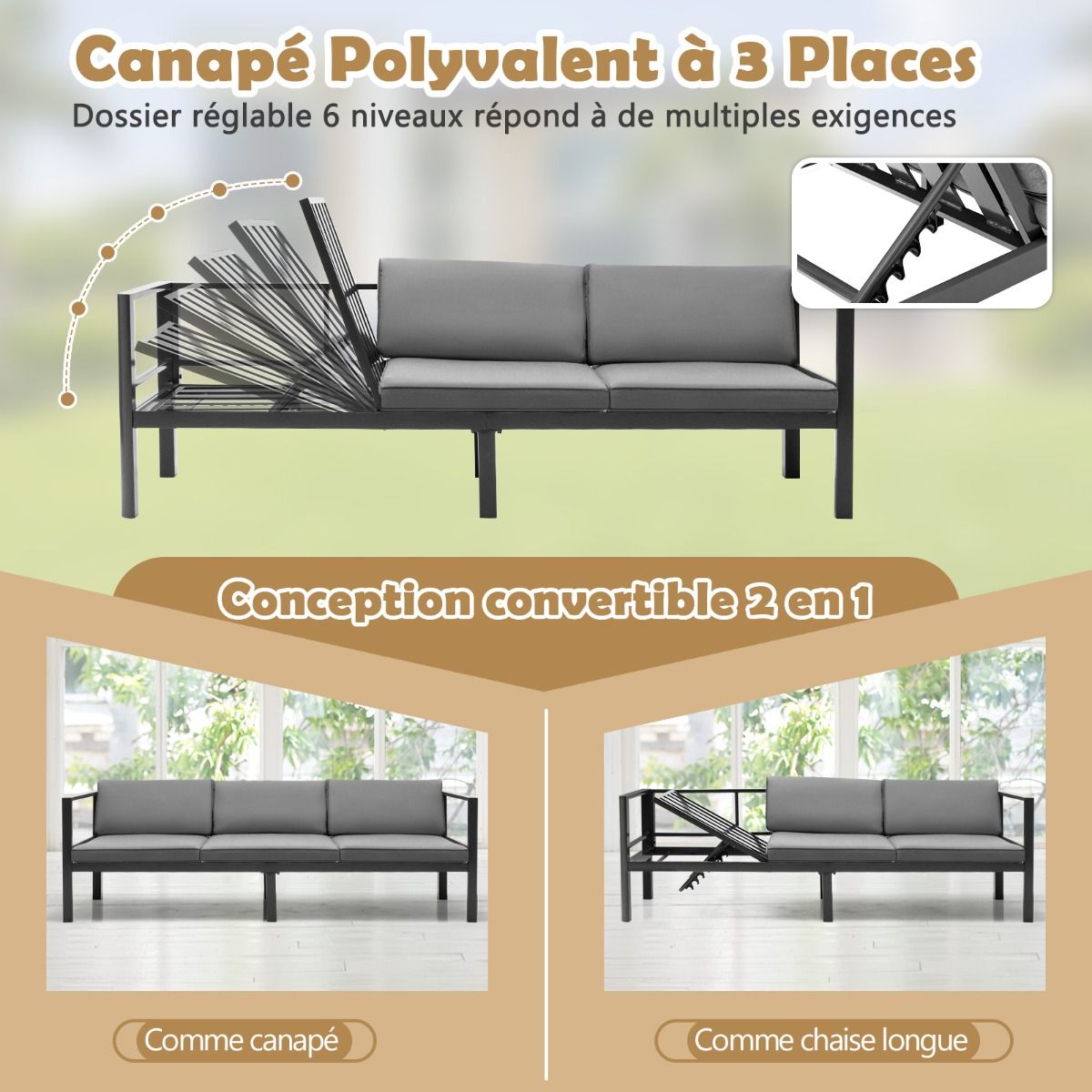 Salon de Jardin Extrieur avec Table Basse en Verre Tremp Canapavec Dossier Inclinable 6 Niveaux Coussins Inclus Gris -