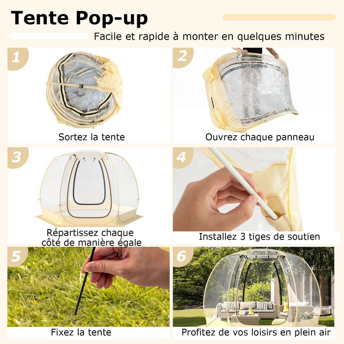 Tente Bulle Ouverture Instantane pour 6 10 Personnes Tente D么me d'Extrieur 328 x 328 cm Rsistante Aux Intempries Transparent -