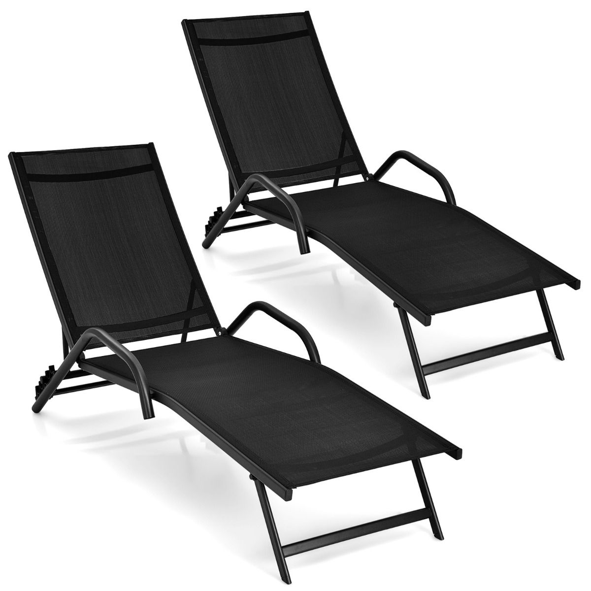 Lot de 2 Bains de Soleil Inclinables d'Extrieur avec Accoudoirs et Dossier Rglable 5 Positions Charge 160 kg Noir -
