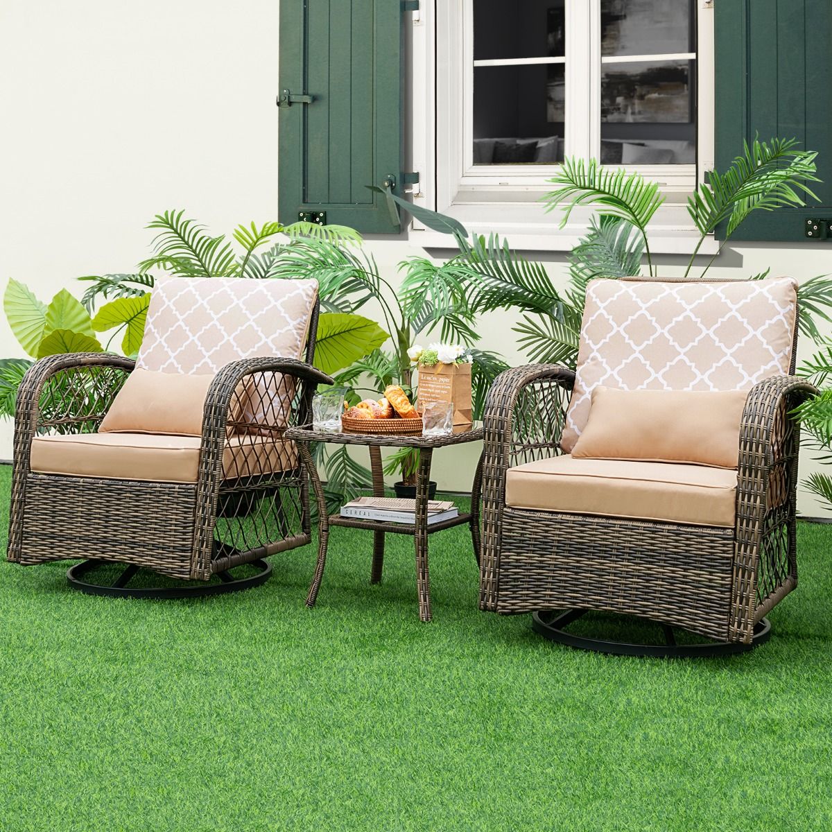 Salon de Jardin Extrieur 3PCS - 2 en Fauteuils Bascule Pivotant 360掳Rotin PE Cadre Mtal our Terrasse Balcon -
