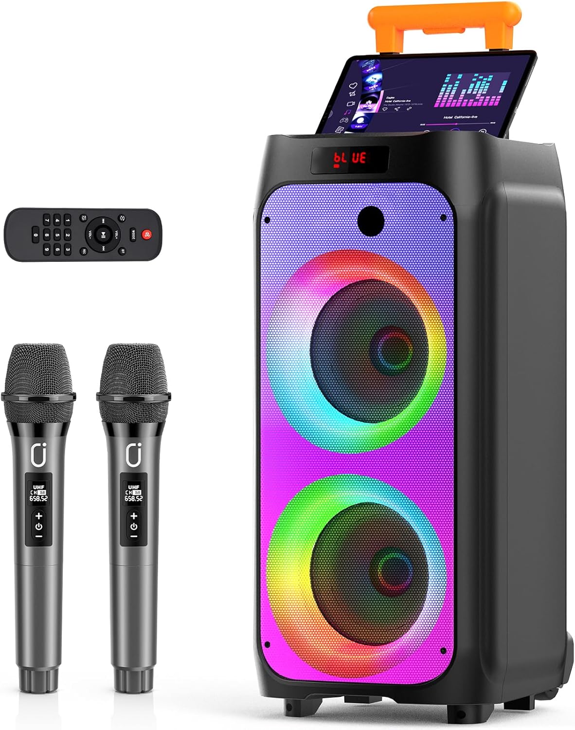 JYX Machine Karaoké pour Adultes, Enceinte Karaoké Bluetooth Portable avec 2 Microphones sans Fil, Party Box Idéale pour Les réunions de Famille/Le Camping en Plein Air