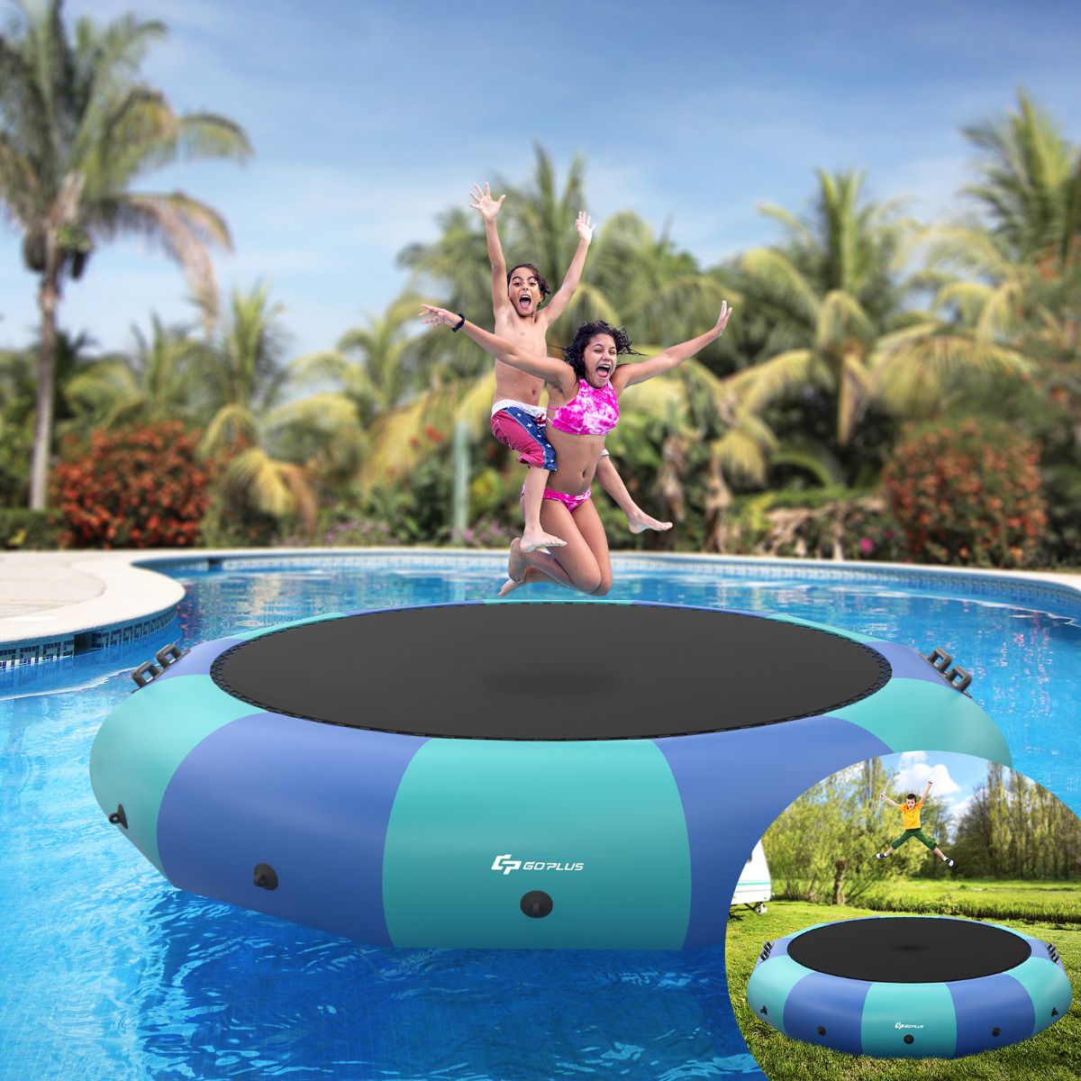 Trampoline Aquatique Gonflable Dia.457cm Capacité de 150kg avec Kit de Réparation Echelle et Gonfleur Electrique 500w Bleu -