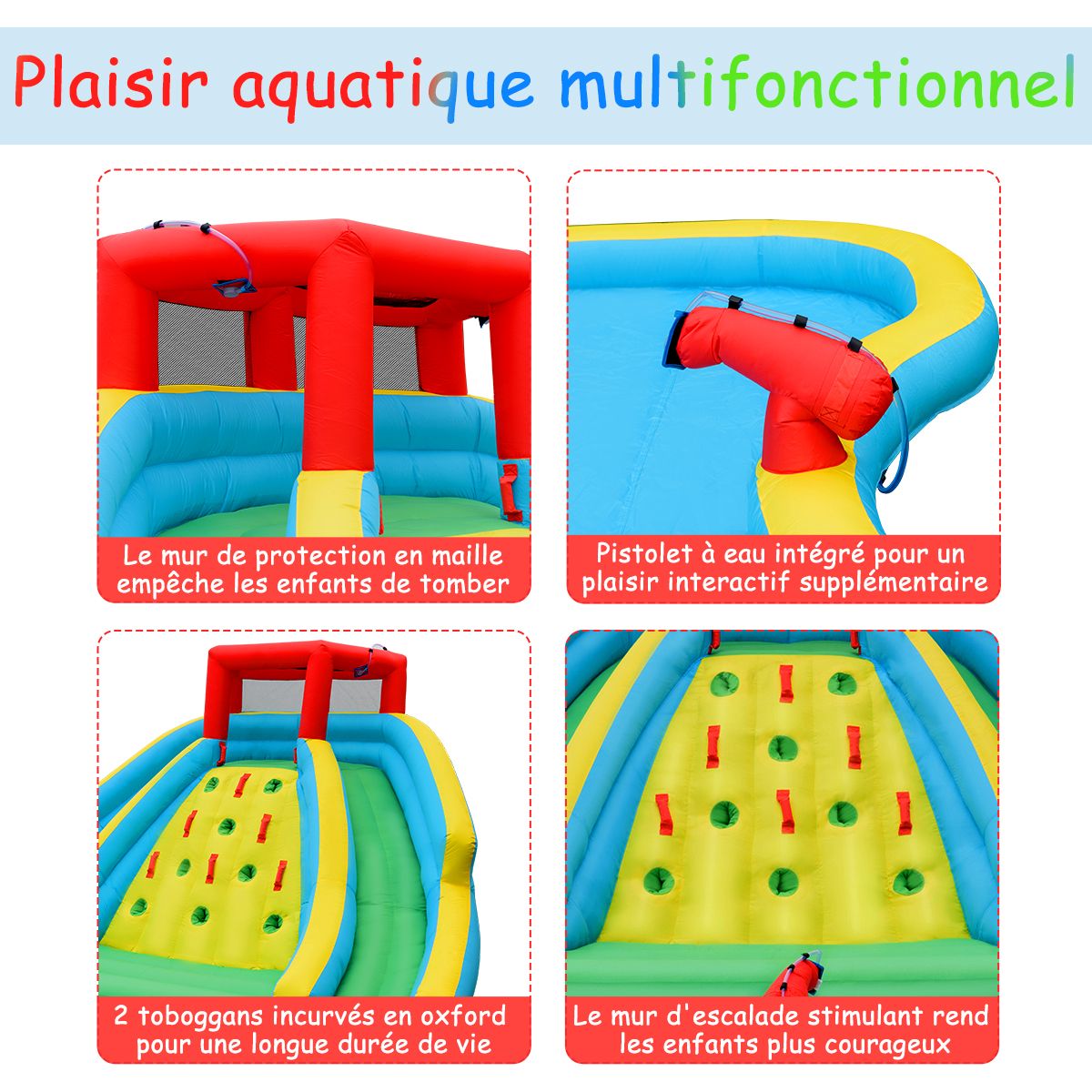 Toboggan Aquatique Gonflable 5 en 1 avec Pataugeoire Aire de Jeux Gonflable en Oxford avec Mur d'Escalade Charge 150kg pour 3-10 Ans (sans Souffleur) -
