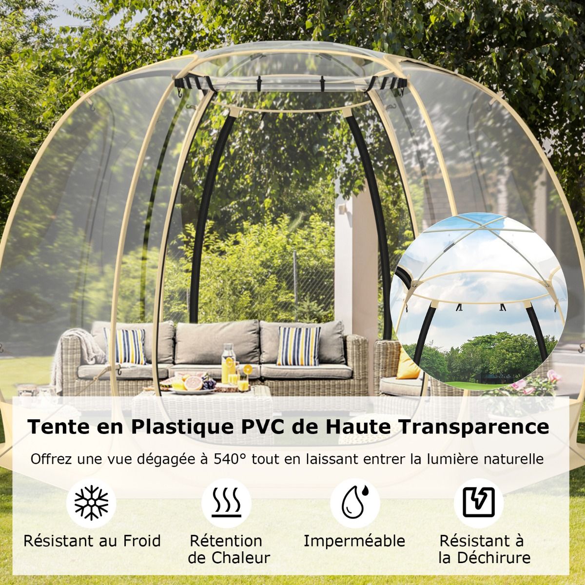 Tente Bulle Ouverture Instantane pour 6 10 Personnes Tente D么me d'Extrieur 328 x 328 cm Rsistante Aux Intempries Transparent -