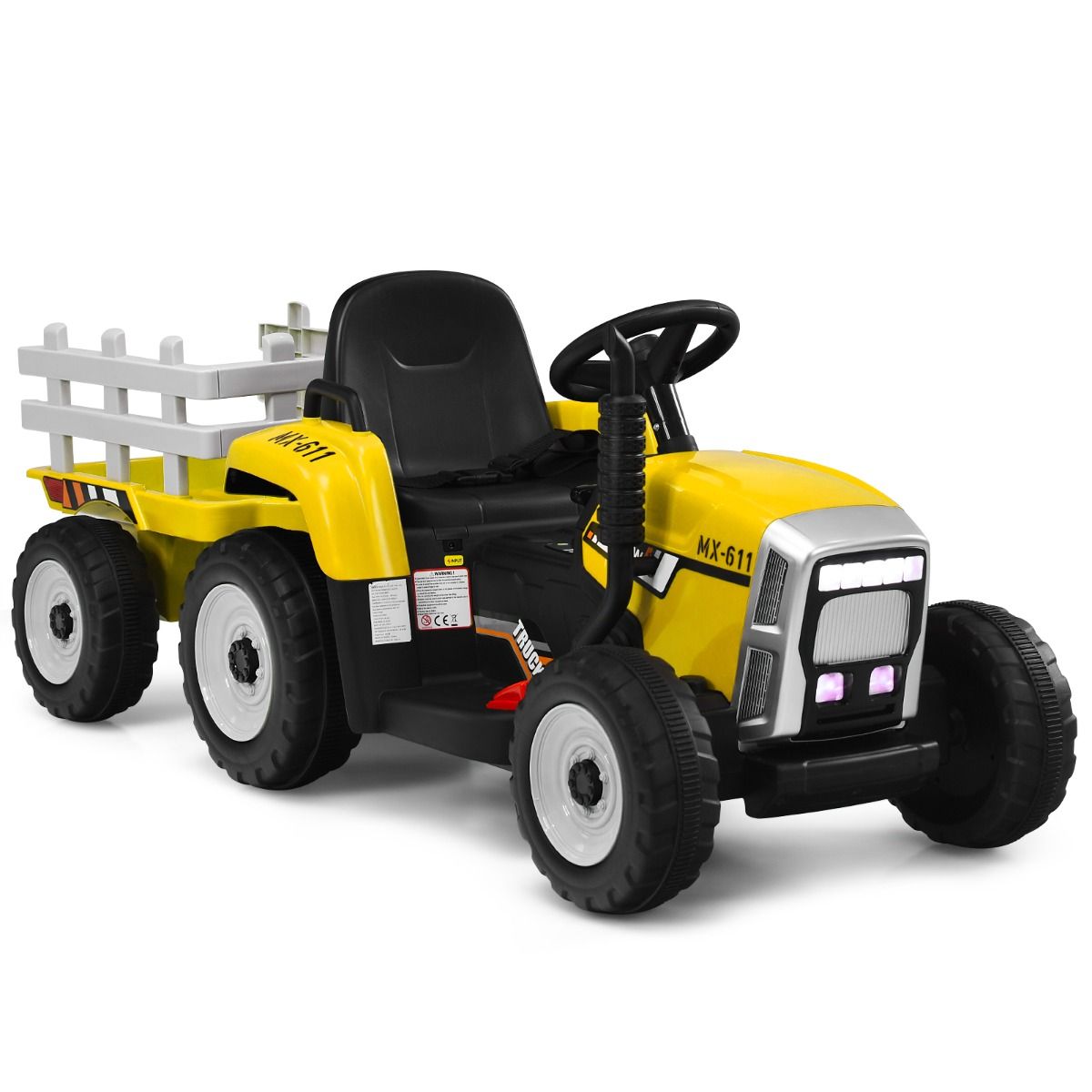 Tracteur Electrique avec Remorque pour Enfants 3 Vitesses Lumires LED Fonctions o USB et Bluetooth Jaune/Rose/Rouge/Vert/Vert Fonc/Noir -
