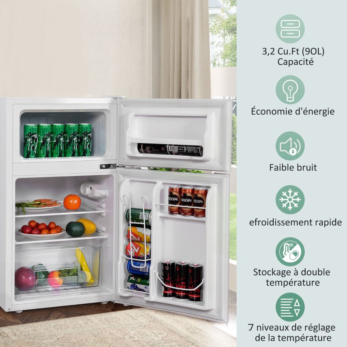 Rfrigrateur Compact Mini-rfrigrateur 90 L Conglateur Spar avec Design 2 Portes Fonctionnement Silencieux Blanc/Gris/Noir -