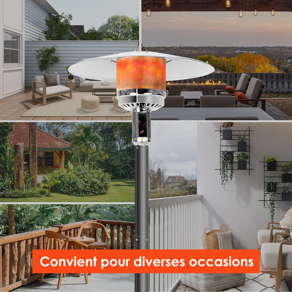 Parasol Chauffage Extérieur à Gaz 13KW Réflecteur 82cm avec Dispositif de Anti-basculement Tube 2 Roues Fluide 220cm Noir -