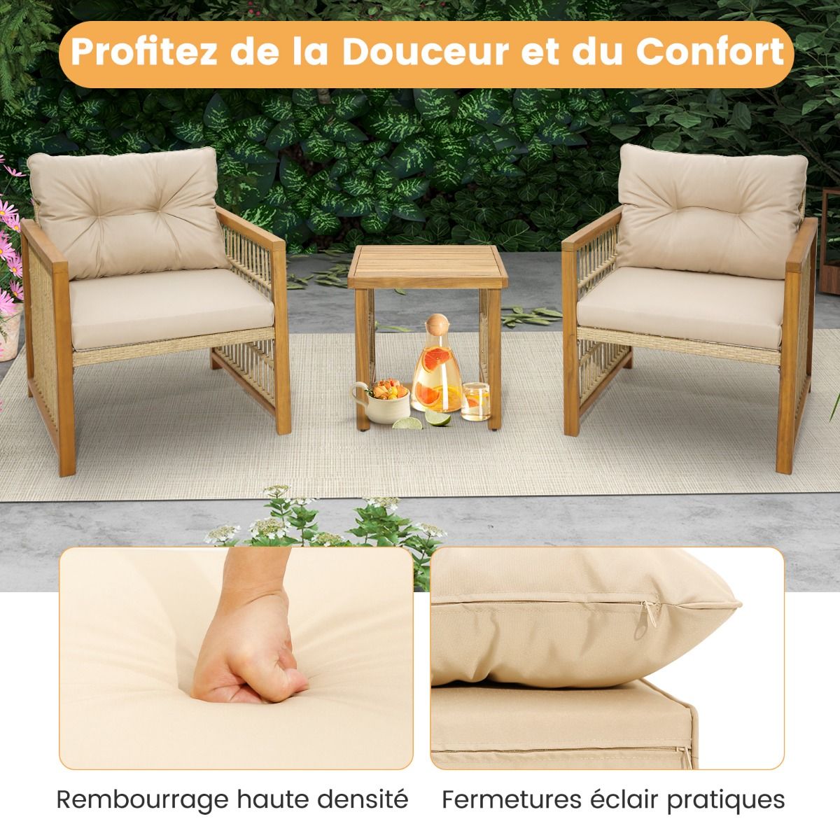 Salon de Jardin avec 1 Table et 2 Fauteuils en Bois d'Acacia et Rotin Anti-UV Pieds Réglables Coussins avec Zip Nautel -