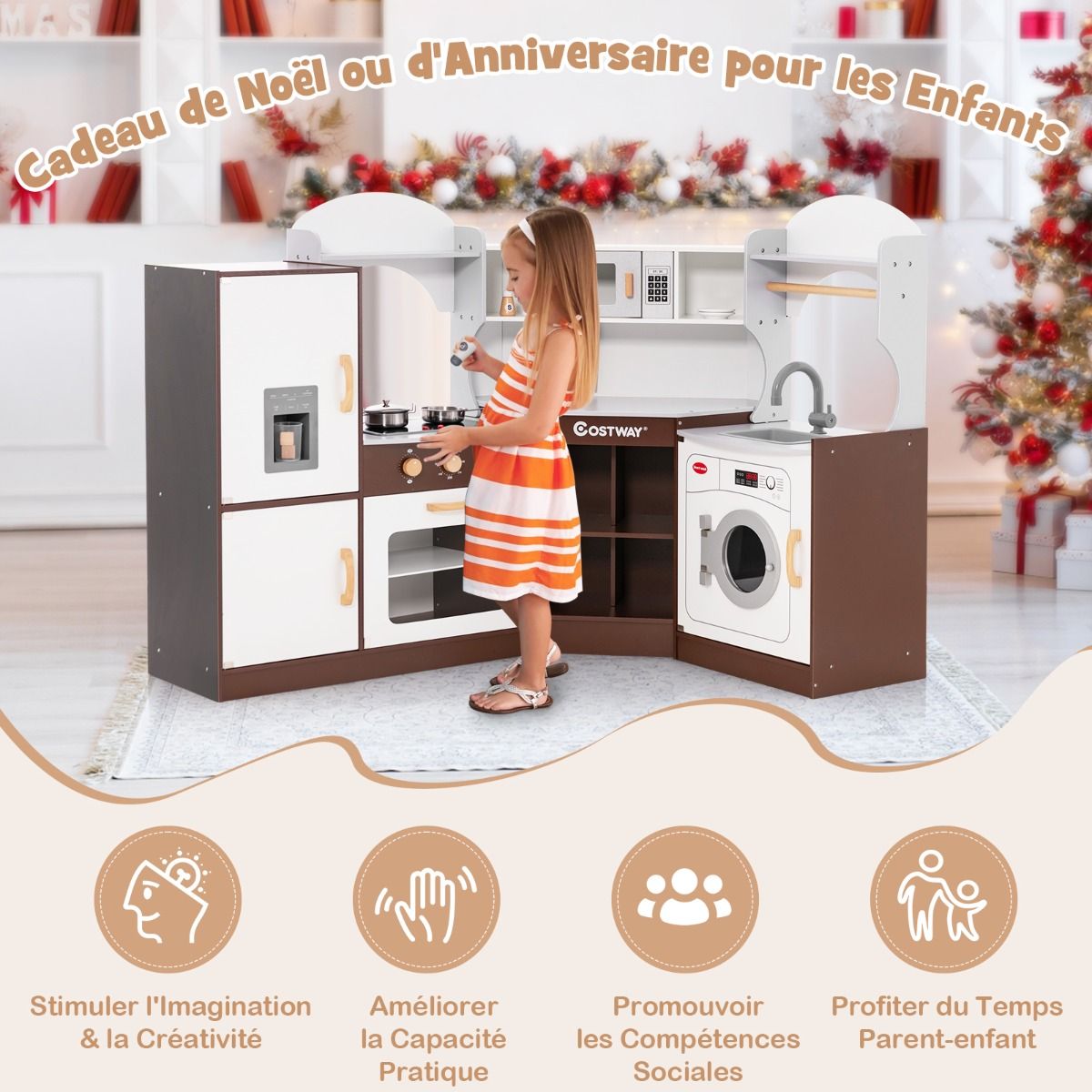 Jeu de Cuisine d'Angle pour Enfants de 3 Ans et Plus en Bois Machine Glaons Porte-serviettes Accessoires Effets Sonores et Lumineux -