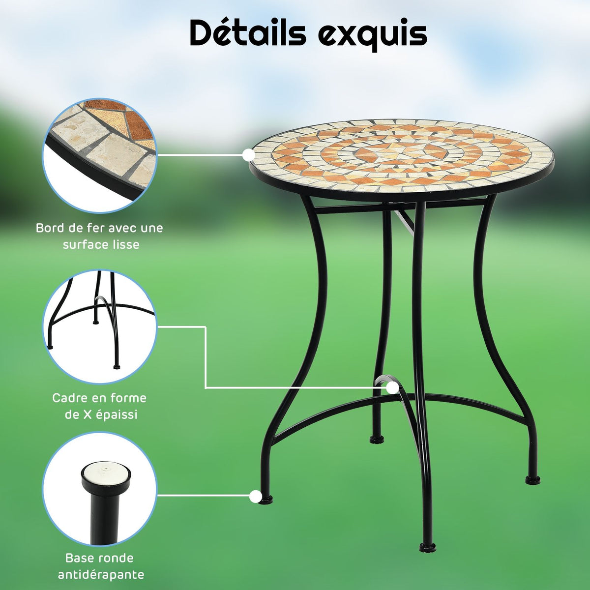 Table de Jardin Style Mosaïque Cadre en Fer et Revêtement Antirouille pour 60 x 60 x 72 CM -