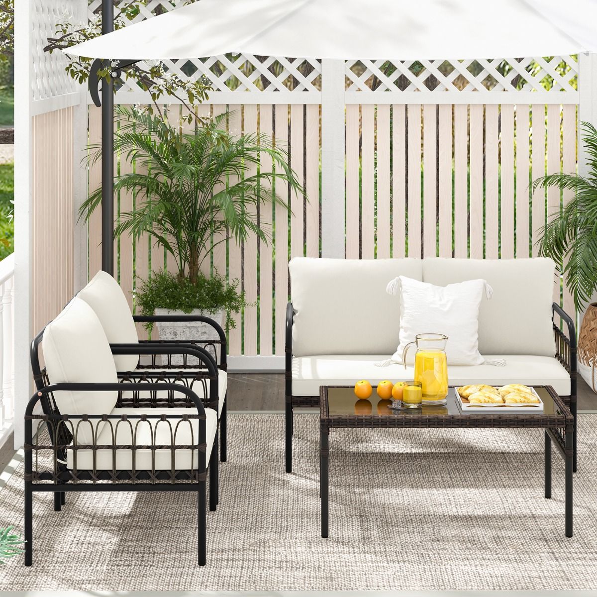 Meubles de Patio 4 Pices en Rotin Charge 180-360KG avec Chaises Causeuse Coussins et Table Basse en Verre Tremp pour Balcon Blanc -