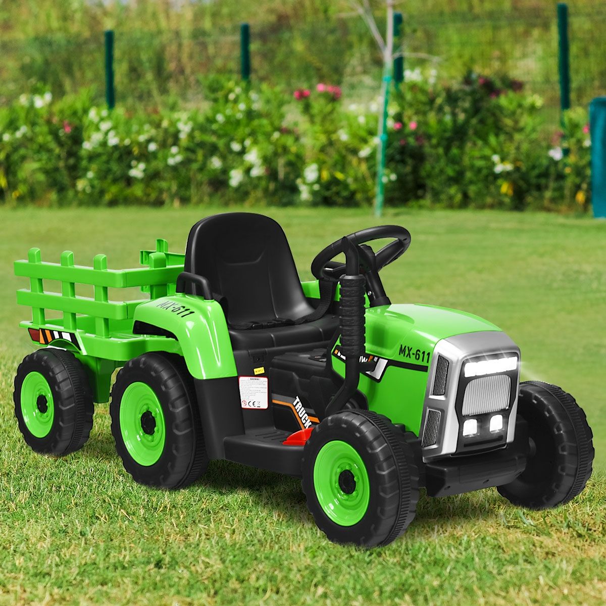 Tracteur Electrique avec Remorque pour Enfants 3 Vitesses Lumires LED Fonctions o USB et Bluetooth Jaune/Rose/Rouge/Vert/Vert Fonc/Noir -