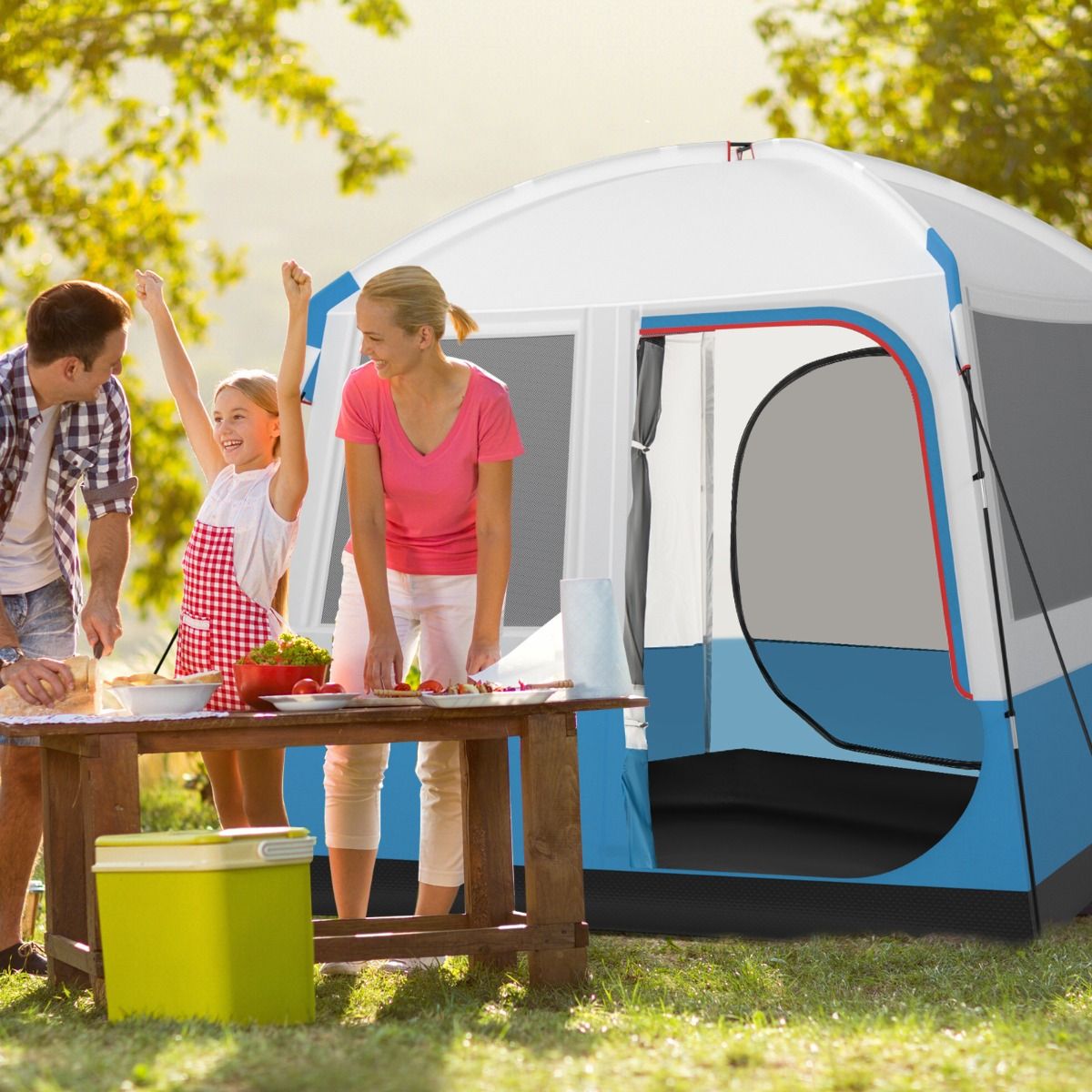 Tente de Camping pour 5 Personnes Tente Dôme Étanche avec Porte et Fenêtres en Maille Sac de Transport 248x248x230cm Bleu + Blanc -