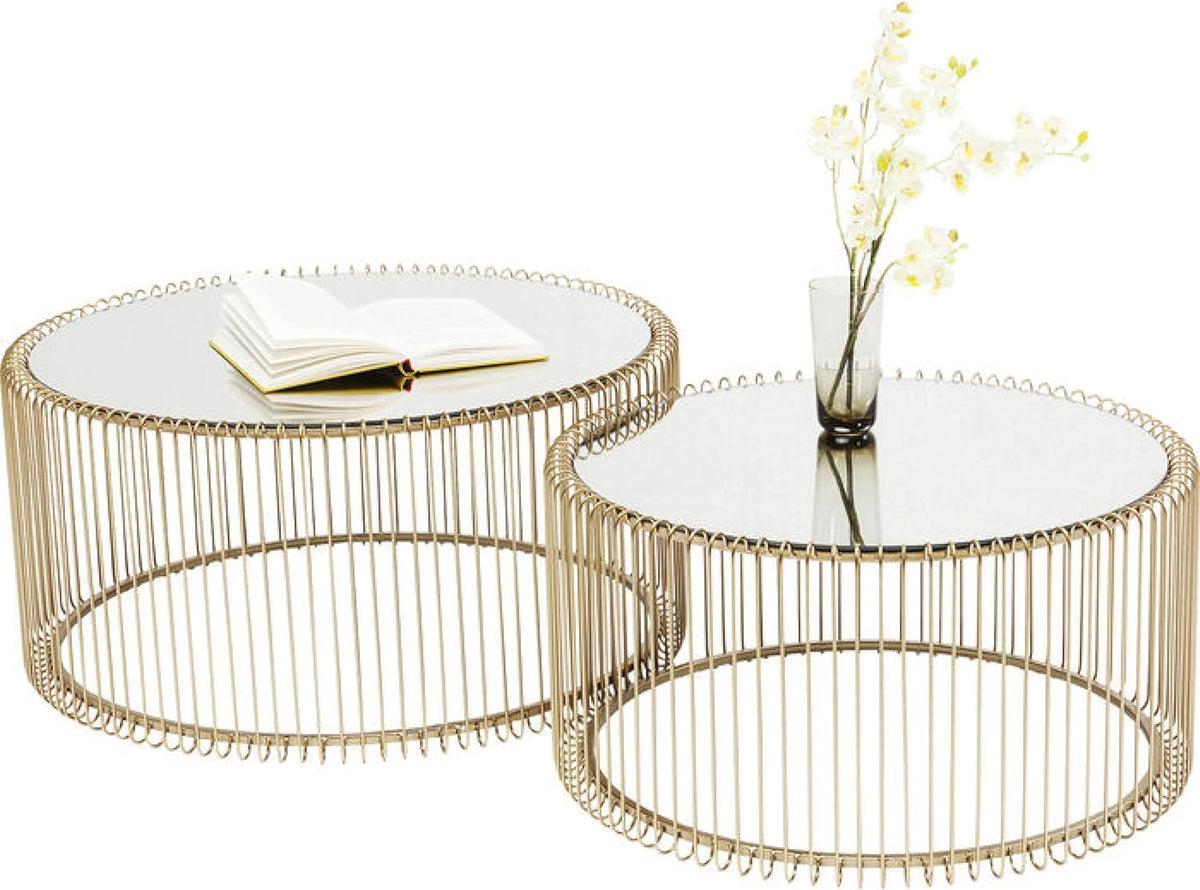 Kare Design Tables Basses Wire, Lot de 2, Laiton/Miroir, Rond, Acier, Plateau de Table en Verre, Diamètre 70/60cm, Style Moderne, Élégante, Table Basse Salon, Deco Intérieur, Décoration Chambre