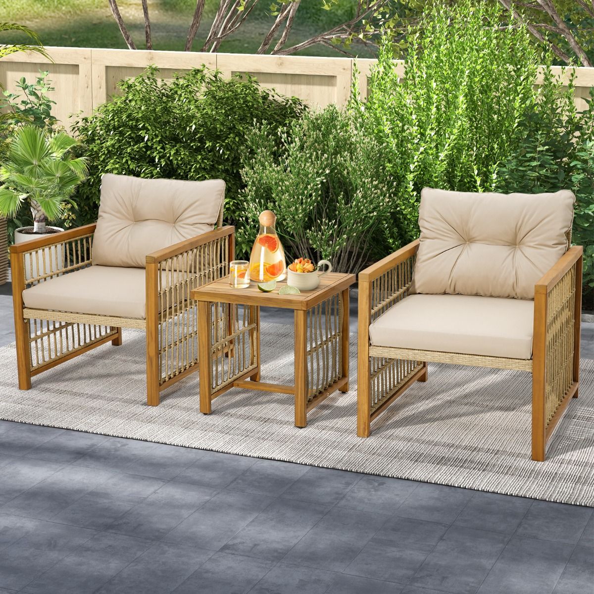 Salon de Jardin avec 1 Table et 2 Fauteuils en Bois d'Acacia et Rotin Anti-UV Pieds Réglables Coussins avec Zip Nautel -
