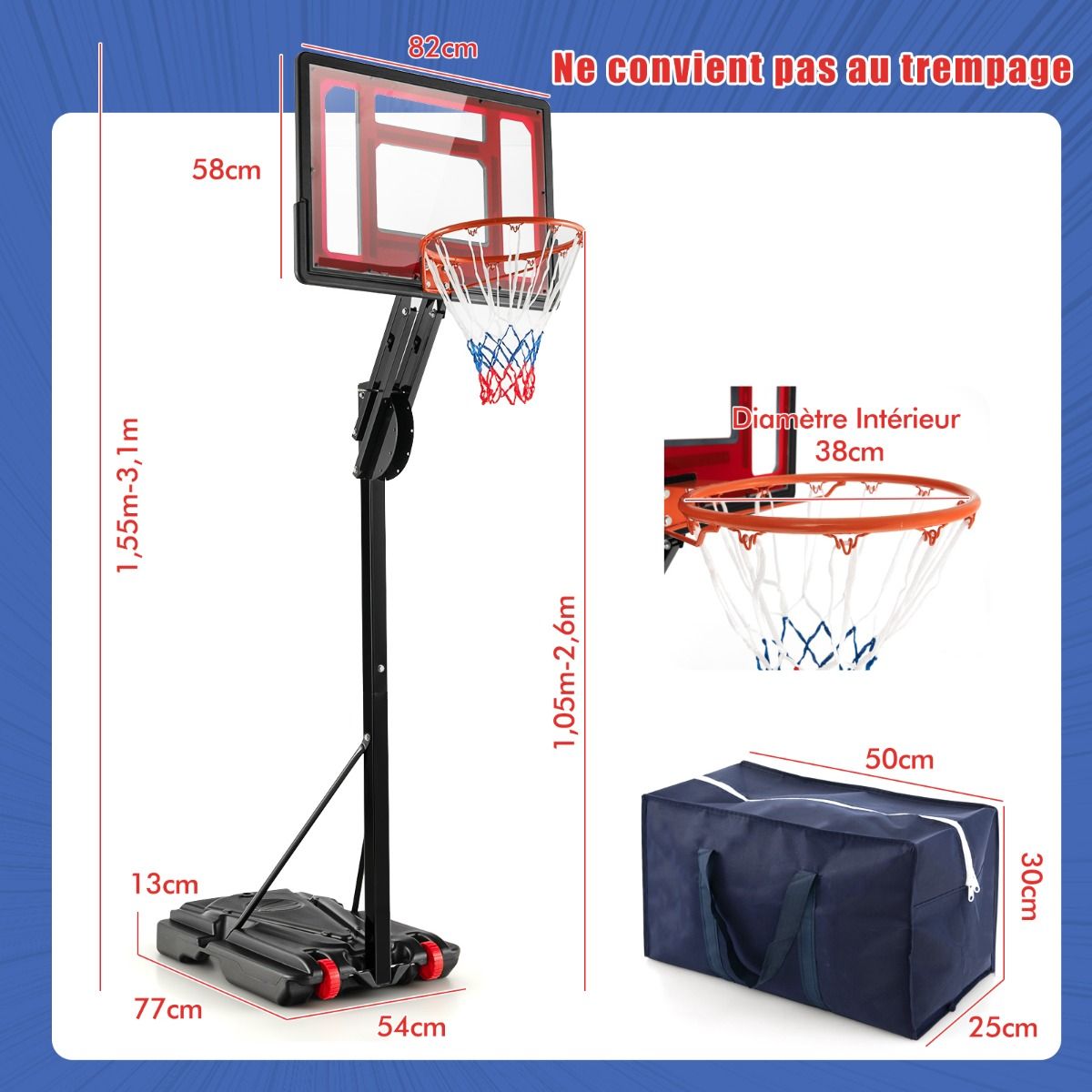 Panier de Basketball sur Pieds avec Hauteur Réglable 1,55-3,1m Support de Basketball avec Panneau Arrière en PE pour Enfants et Jaunes -