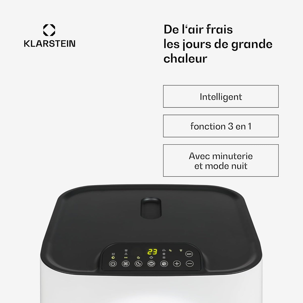 Klarstein Climatiseur Mobile Silencieux, Climatiseur Portable 5 en 1, Mini Climatiseur, Purificateur et Elimination des Odeurs, Mode Nuit, Déshumidificateur d'Air, Faible Conso, 10K BTU, Climatiseurs