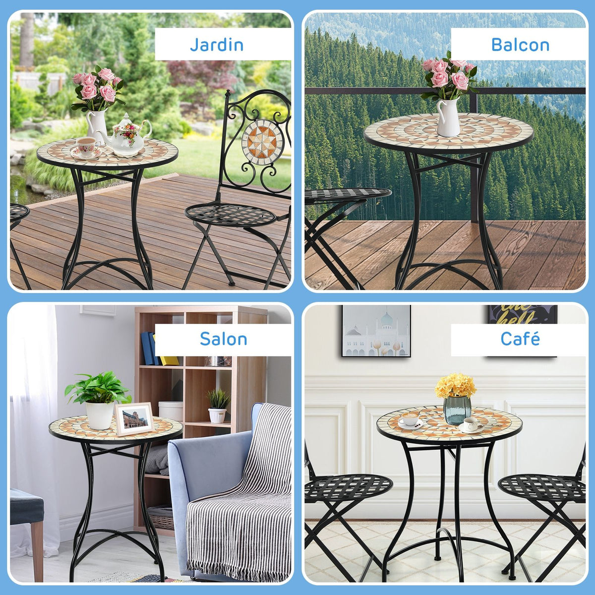 Table de Jardin Style Mosa茂que Cadre en Fer et Rev锚tement Antirouille pour 60 x 60 x 72 CM -