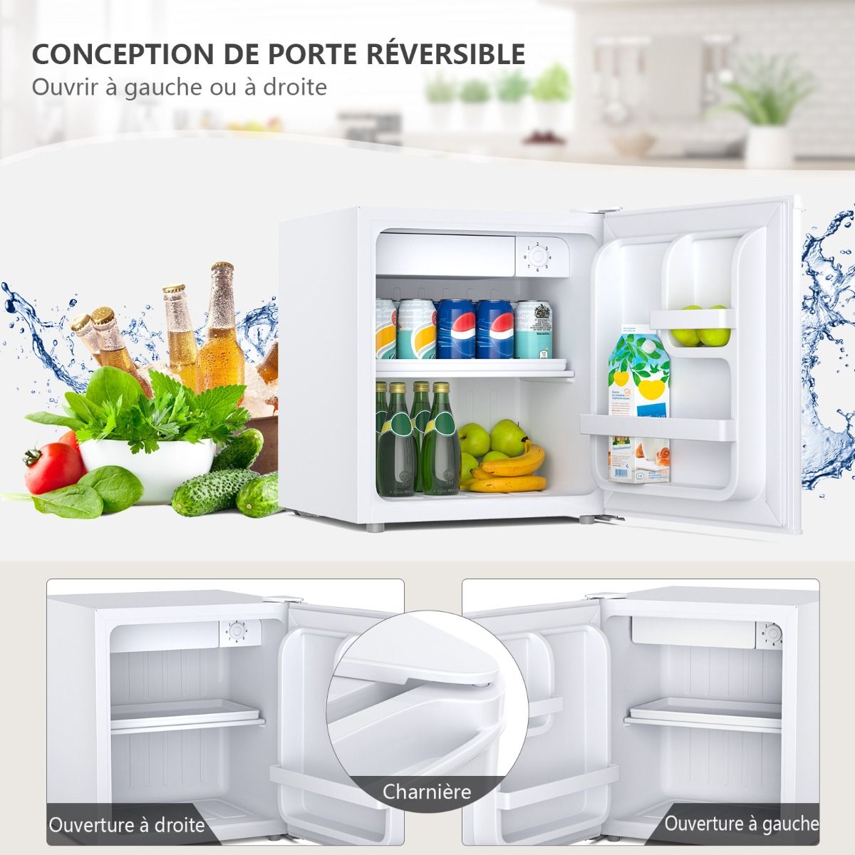 Mini Réfrigérateur 48L,2 niveaux et porte-bouteille,bac à légumes,Silencieux 230V,46 x 44 x 49 cm,Blanc -
