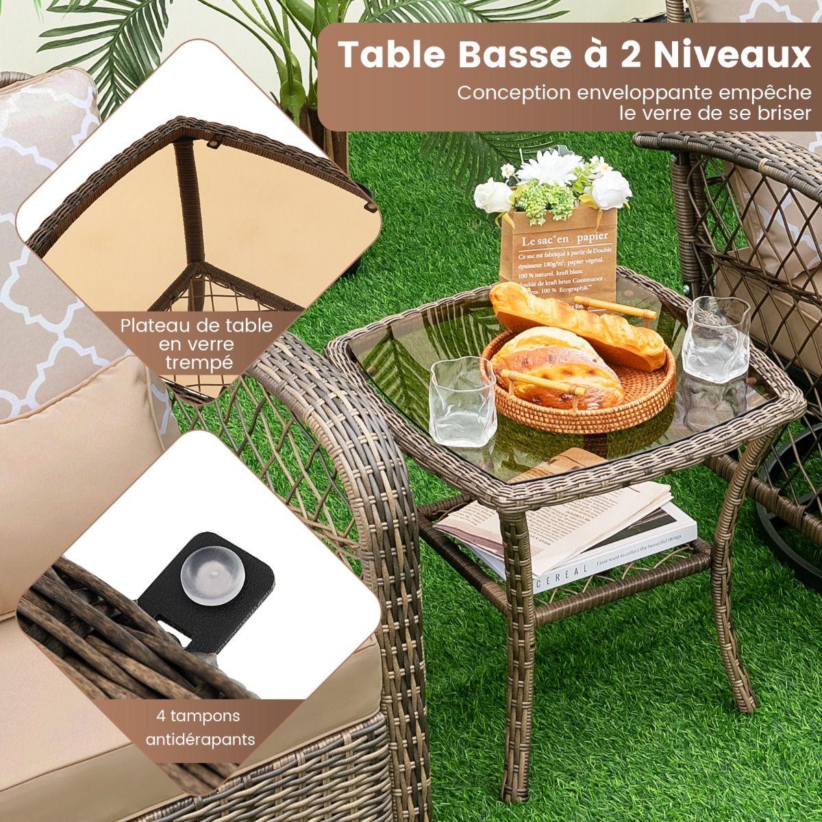 Salon de Jardin Extérieur 3PCS - 2 en Fauteuils à Bascule Pivotant à 360°Rotin PE Cadre Métal our Terrasse Balcon -