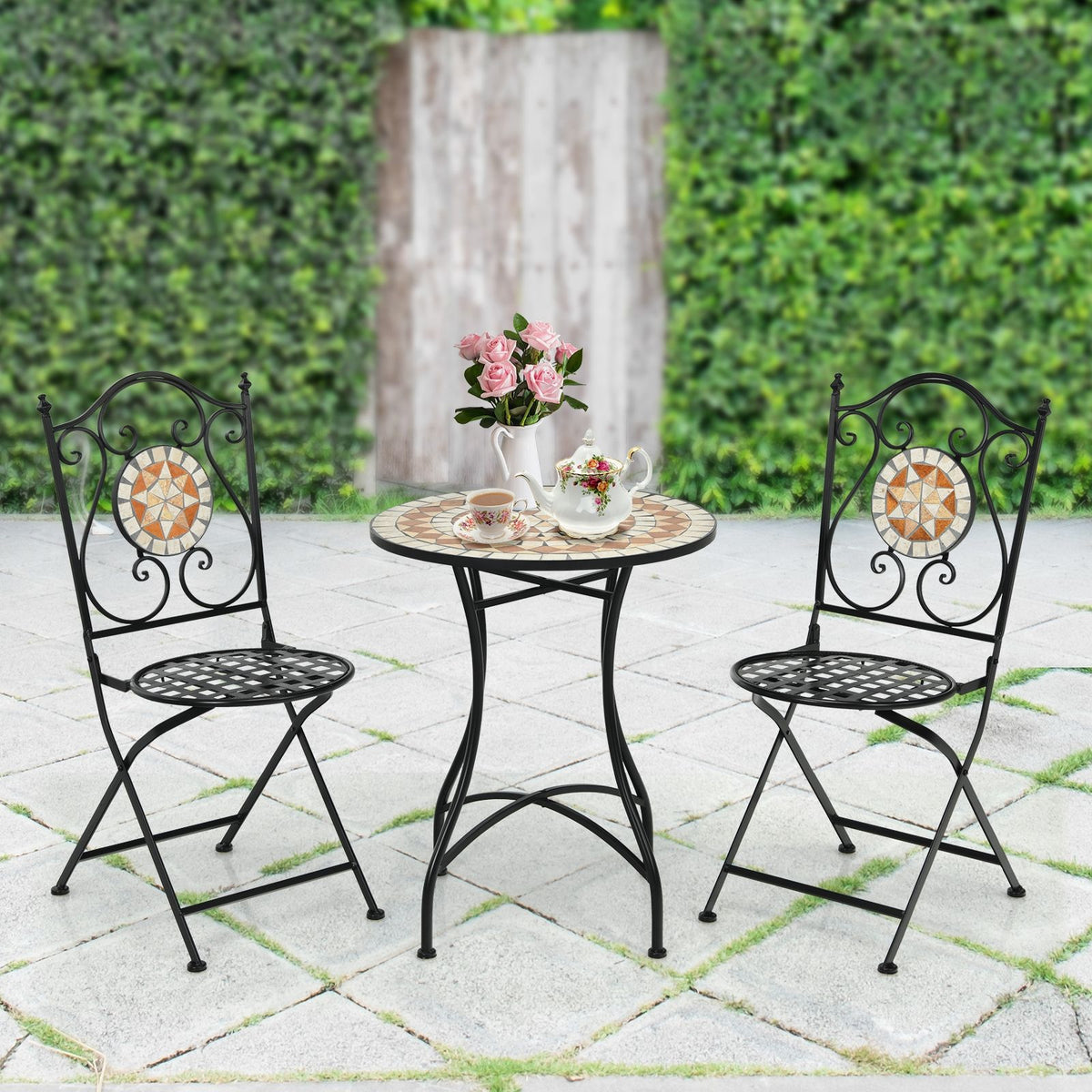 Table de Jardin Style Mosa茂que Cadre en Fer et Rev锚tement Antirouille pour 60 x 60 x 72 CM -