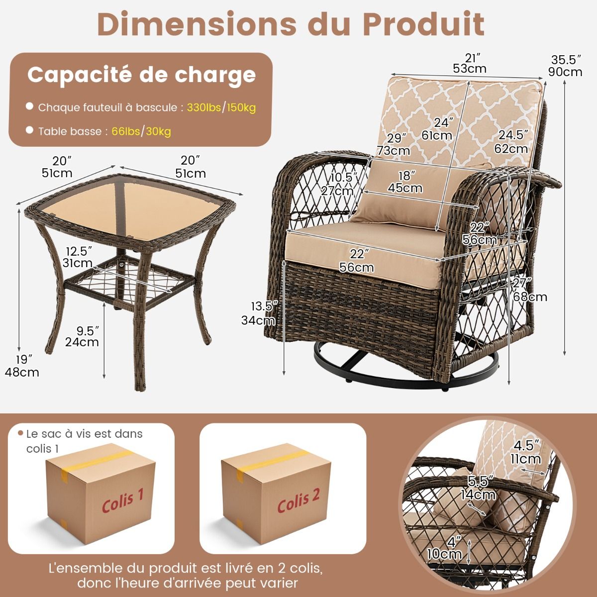Salon de Jardin Extrieur 3PCS - 2 en Fauteuils Bascule Pivotant 360掳Rotin PE Cadre Mtal our Terrasse Balcon -