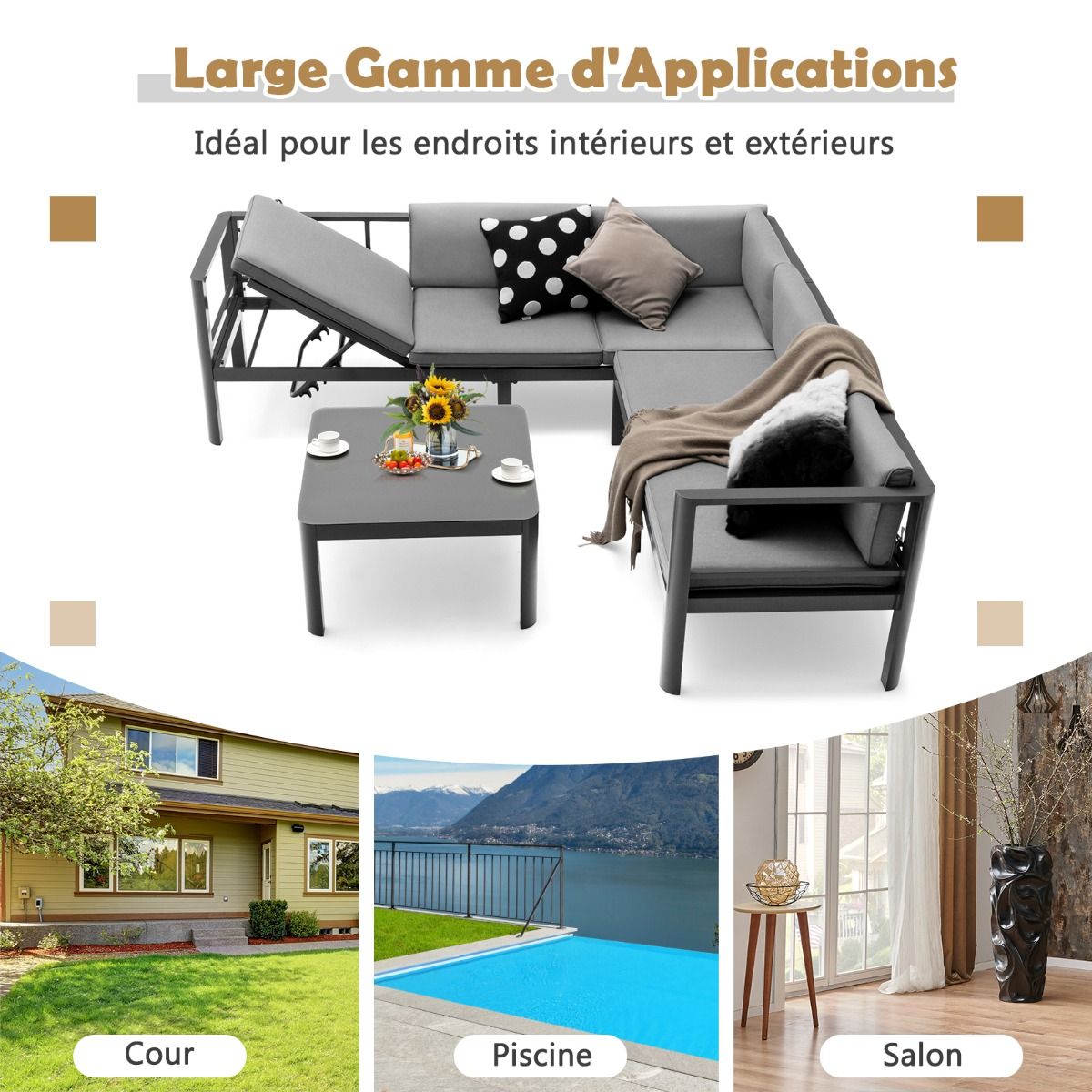 Salon de Jardin Extrieur avec Table Basse en Verre Tremp Canapavec Dossier Inclinable 6 Niveaux Coussins Inclus Gris -