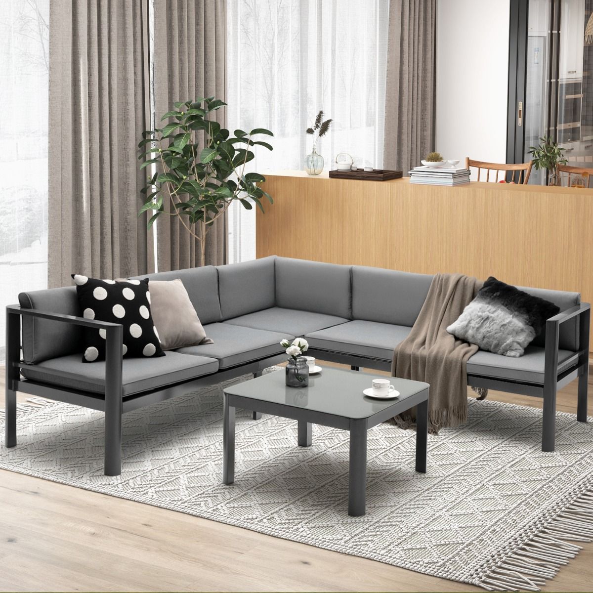 Salon de Jardin Extrieur avec Table Basse en Verre Tremp Canapavec Dossier Inclinable 6 Niveaux Coussins Inclus Gris -